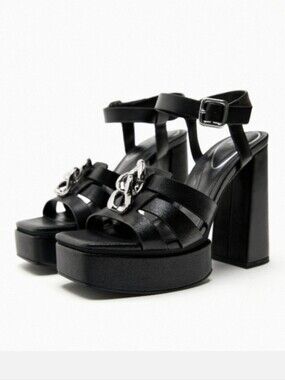 Zara Black Platform Block Heel Sandals with Silver Chain Detail